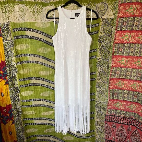 NWOT J. Crew Collection White Fringe Trim with Sequins Sheath Dress Size 6 - Picture 2 of 16